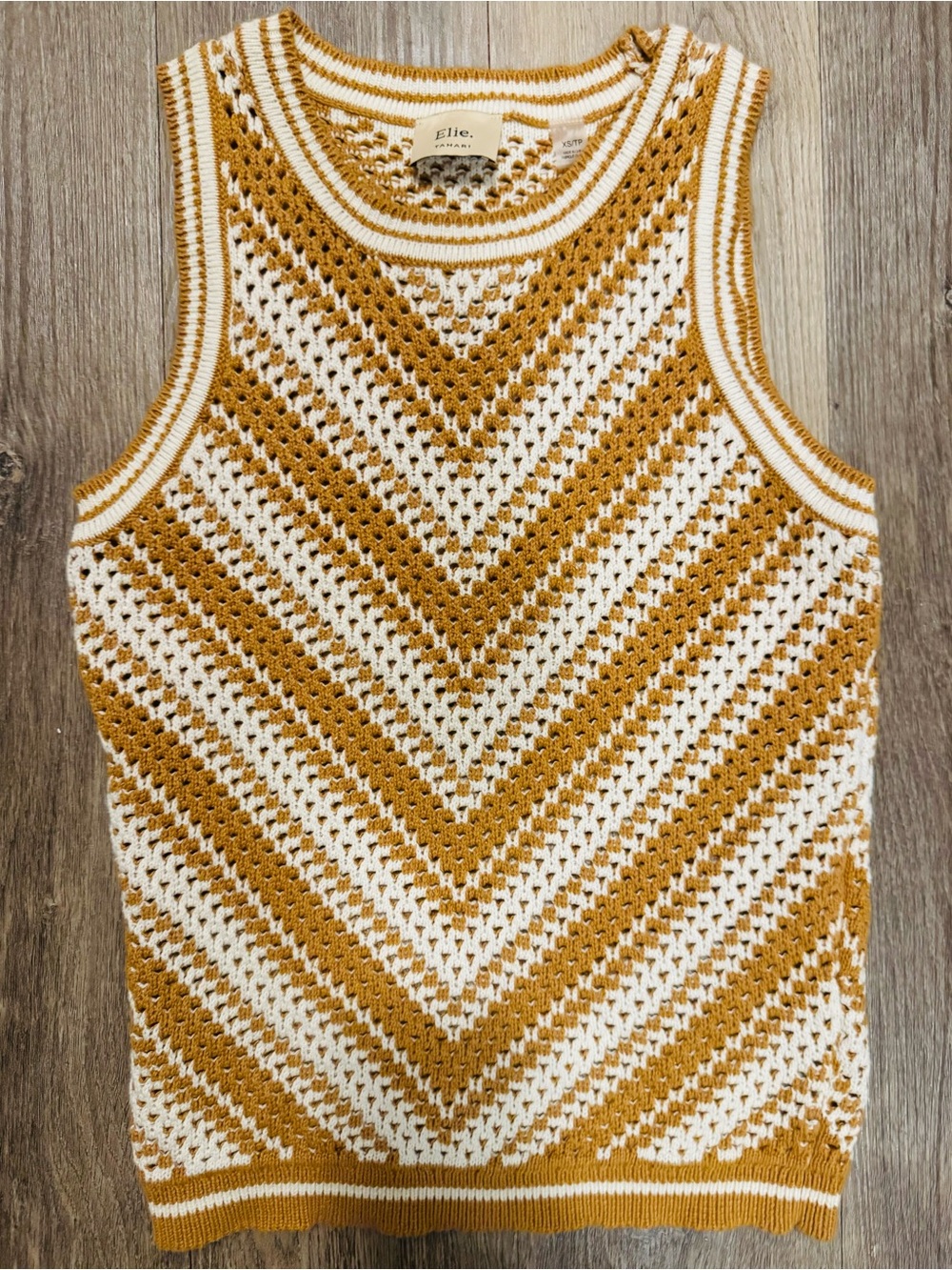 Elie Tahari Crocheted Tank Top - Tan & White Chevron - Size XS
